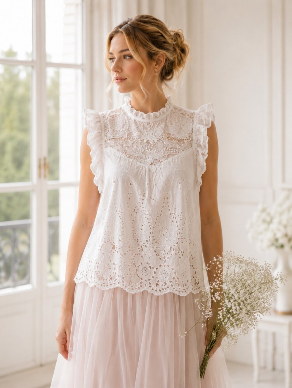 Delicate white lace eyelet top with ruffle shoulder details | Size Small